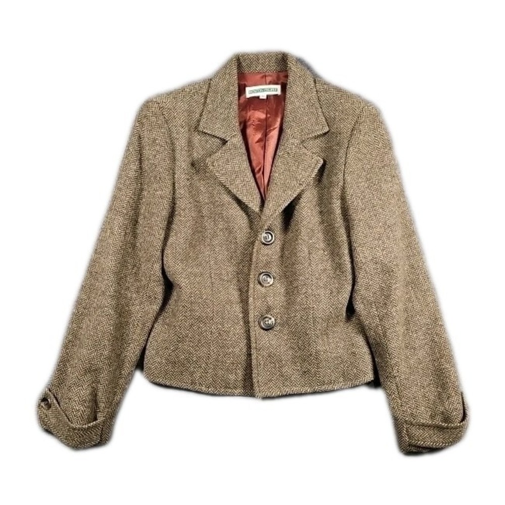 Boston‎ Proper Blazer Jacket Womens 10 Tweed 100% Wool Brown Herringbone Crop